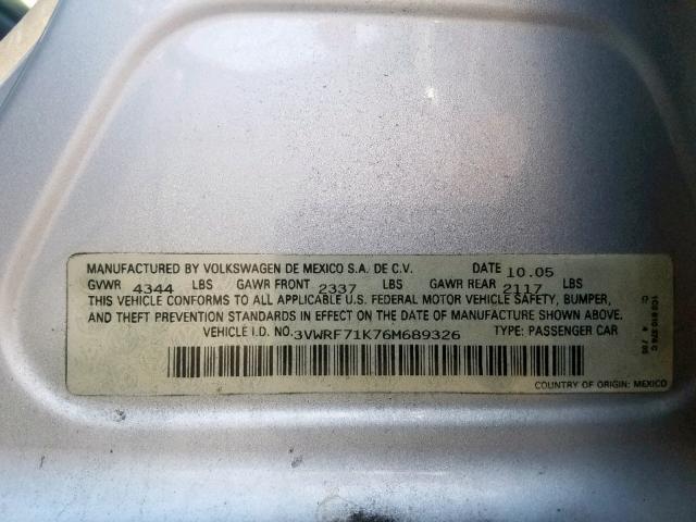 3VWRF71K76M689326 - 2006 VOLKSWAGEN JETTA 2.5 SILVER photo 10