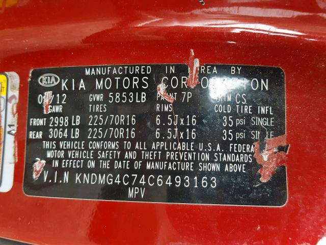 KNDMG4C74C6493163 - 2012 KIA SEDONA LX RED photo 10