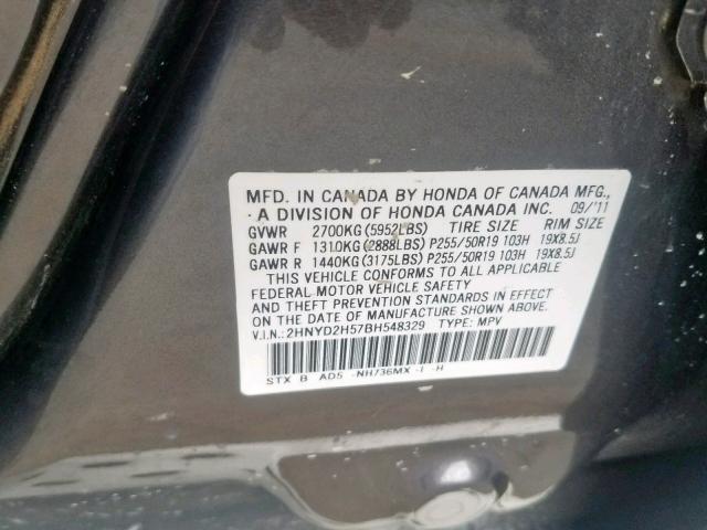 2HNYD2H57BH548329 - 2011 ACURA MDX ADVANC GRAY photo 10