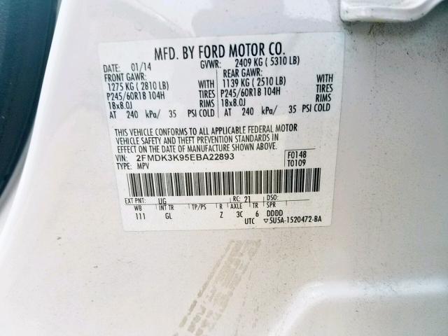 2FMDK3K95EBA22893 - 2014 FORD EDGE LIMIT WHITE photo 10