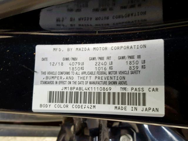 JM1BPABL4K1110869 - 2019 MAZDA 3 BLUE photo 10