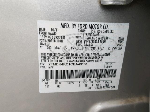 2FMDK4KC1CBA40161 - 2012 FORD EDGE LIMIT SILVER photo 10