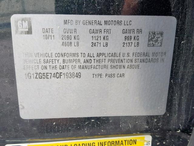 1G1ZG5E74CF193849 - 2012 CHEVROLET MALIBU LTZ შავი ფოტო 10
