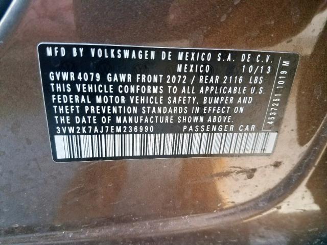 3VW2K7AJ7EM236990 - 2014 VOLKSWAGEN JETTA BASE 棕色 照片 10