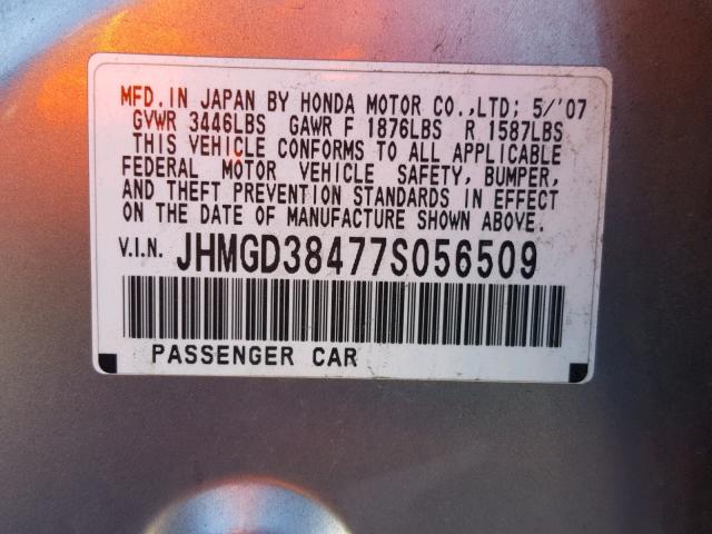 JHMGD38477S056509 - 2007 HONDA FIT GRAY photo 10