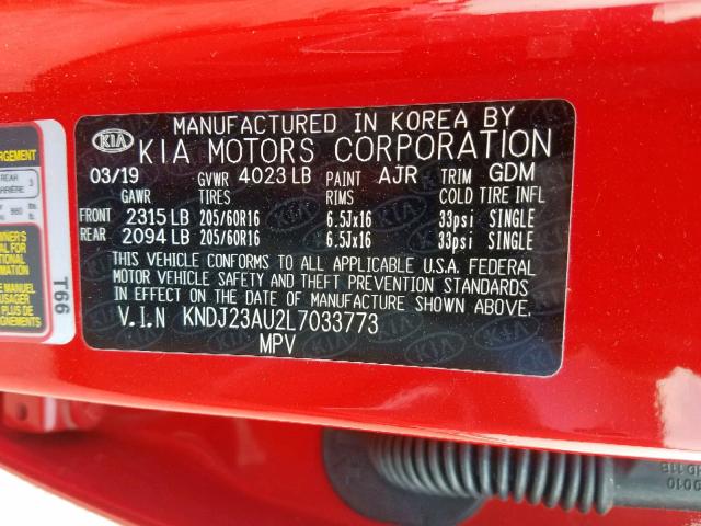 KNDJ23AU2L7033773 - 2020 KIA SOUL LX RED photo 10