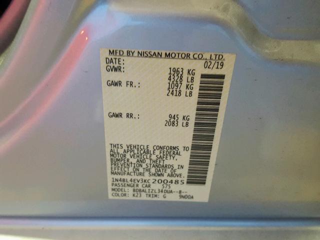 1N4BL4EV3KC200485 - 2019 NISSAN ALTIMA SL SILVER photo 10