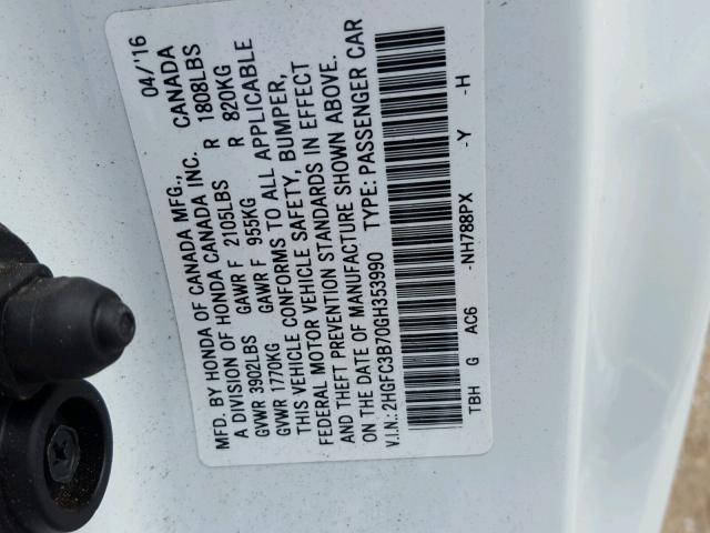 2HGFC3B70GH353990 - 2016 HONDA CIVIC EXL WHITE photo 10