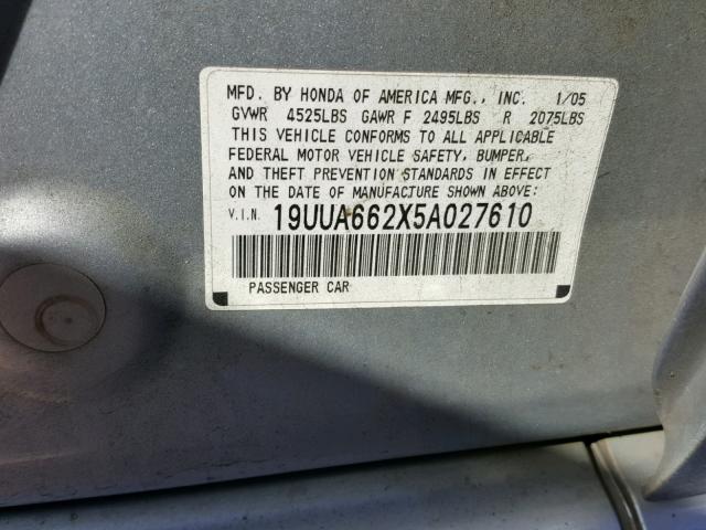 19UUA662X5A027610 - 2005 ACURA TL SILVER photo 10