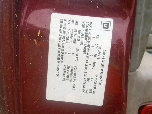 1G4HP54K014150395 - 2001 BUICK LESABRE CU RED photo 10