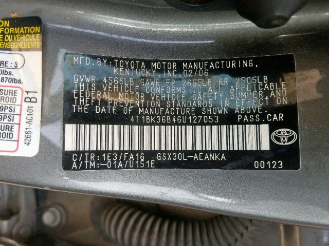 4T1BK36B46U127053 - 2006 TOYOTA AVALON XL/ GRAY photo 10