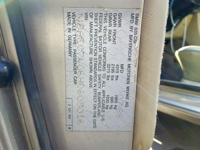 WBAEC7406H0608016 - 1987 BMW 635 CSI GOLD photo 10