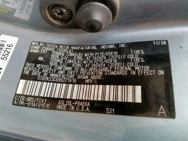 5TDZK23C69S271416 - 2009 TOYOTA SIENNA CE BLUE photo 10