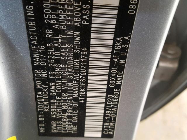 4T1BK1EB7GU211794 - 2016 TOYOTA AVALON XLE SILVER photo 10