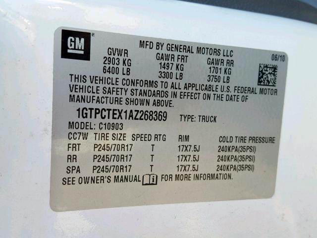 1GTPCTEX1AZ268369 - 2010 GMC SIERRA C15 WHITE photo 10