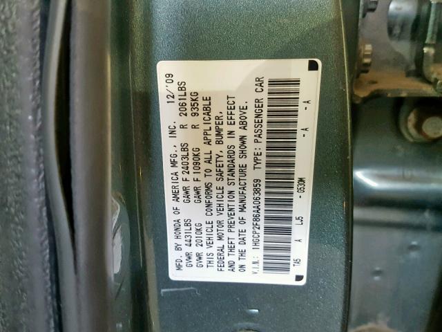 1HGCP2F86AA063859 - 2010 HONDA ACCORD EXL GRAY photo 10