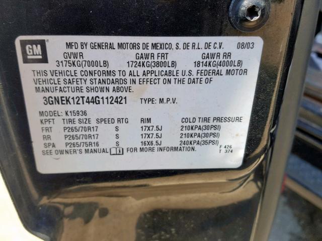 3GNEK12T44G112421 - 2004 CHEVROLET AVALANCHE CHARCOAL photo 10