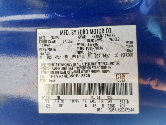 1FTYR14E35PB12326 - 2005 FORD RANGER SUP BLUE photo 10