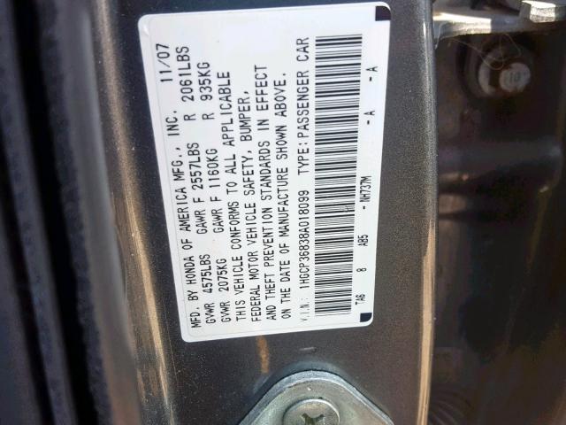 1HGCP36838A018099 - 2008 HONDA ACCORD EXL GRAY photo 10