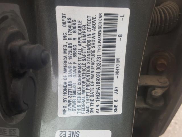 1HGFA169X8L003731 - 2008 HONDA CIVIC EXL GRAY photo 10