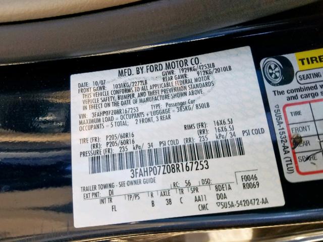 3FAHP07Z08R167253 - 2008 FORD FUSION SE BLUE photo 10