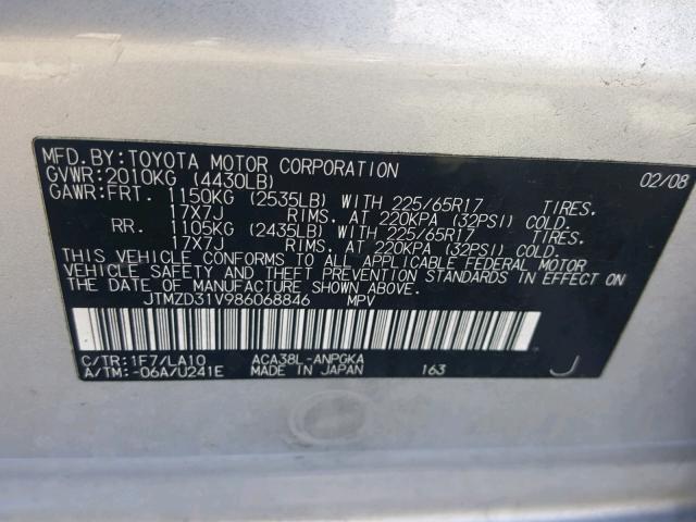 JTMZD31V986068846 - 2008 TOYOTA RAV4 LIMIT SILVER photo 10