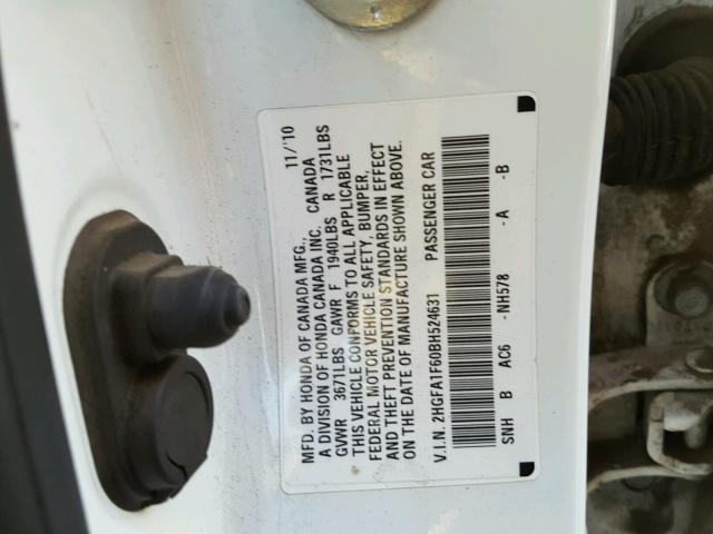 2HGFA1F60BH524631 - 2011 HONDA CIVIC LX-S WHITE photo 10