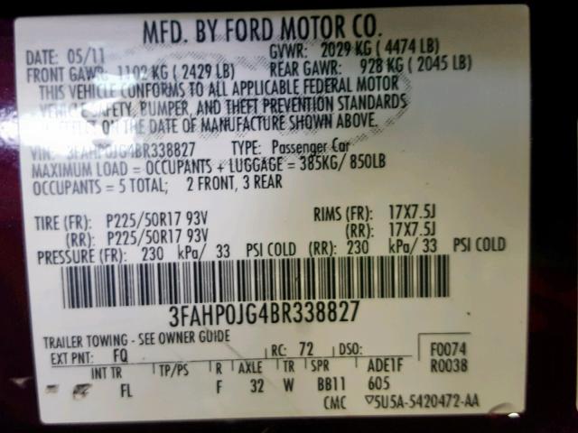 3FAHP0JG4BR338827 - 2011 FORD FUSION SEL MAROON photo 10