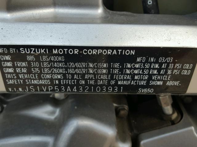 JS1VP53A432103931 - 2003 SUZUKI SV650 BLUE photo 10