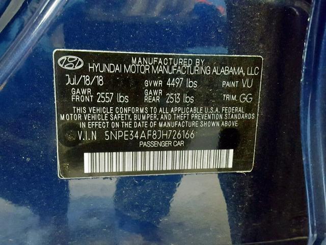 5NPE34AF8JH726166 - 2018 HYUNDAI SONATA SPO BLUE photo 10