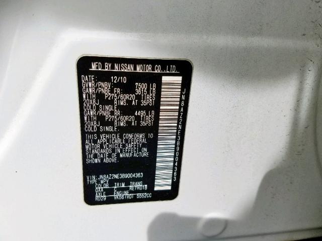 JN8AZ2NE3B9004363 - 2011 INFINITI QX56 WHITE photo 10