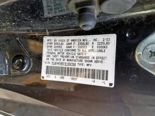 5J6YH18513L004394 - 2003 HONDA ELEMENT EX BLACK photo 10