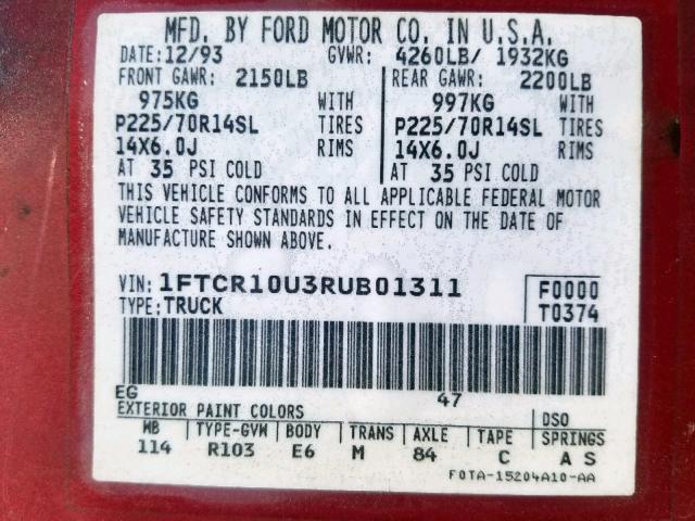 1FTCR10U3RUB01311 - 1994 FORD RANGER RED photo 10