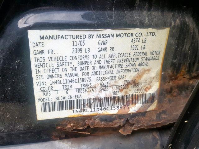 1N4BL11D46C158975 - 2006 NISSAN ALTIMA SE BLACK photo 10