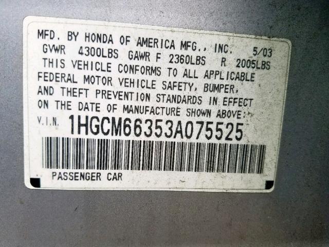 1HGCM66353A075525 - 2003 HONDA ACCORD LX SILVER photo 10