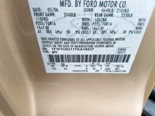 1FMYU93117KA19537 - 2007 FORD ESCAPE XLT TAN photo 10