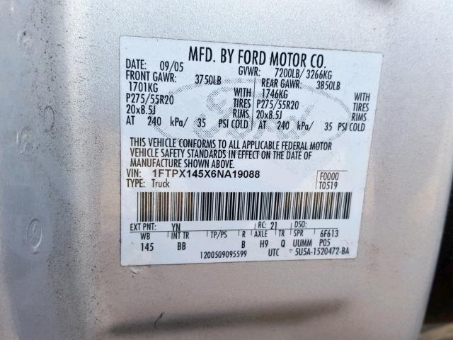 1FTPX145X6NA19088 - 2006 FORD F150 SILVER photo 10