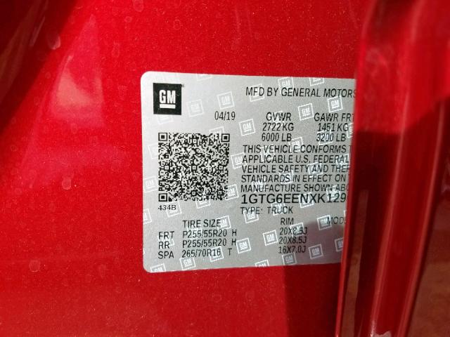 1GTG6EENXK1290484 - 2019 GMC CANYON DEN RED photo 10