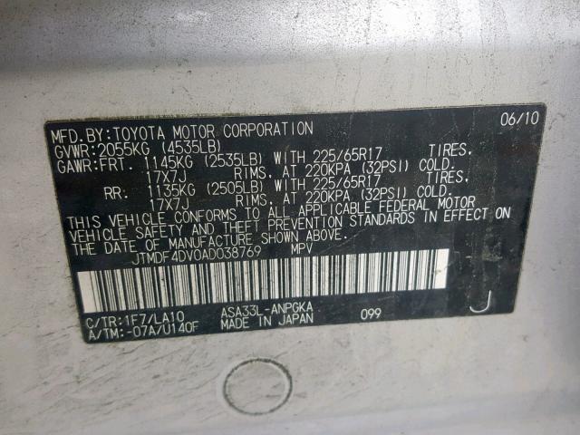 JTMDF4DV0AD038769 - 2010 TOYOTA RAV4 LIMIT SILVER photo 10