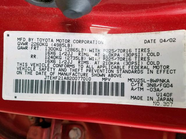 JTEHF21A820077010 - 2002 TOYOTA HIGHLANDER RED photo 10