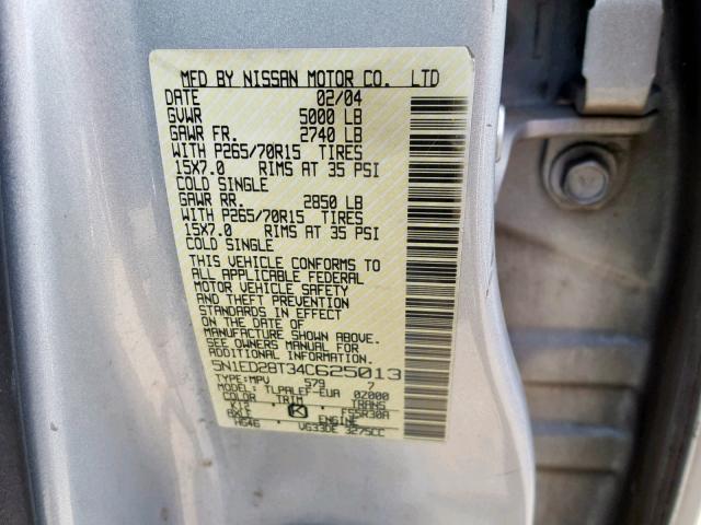 5N1ED28T34C625013 - 2004 NISSAN XTERRA XE SILVER photo 10