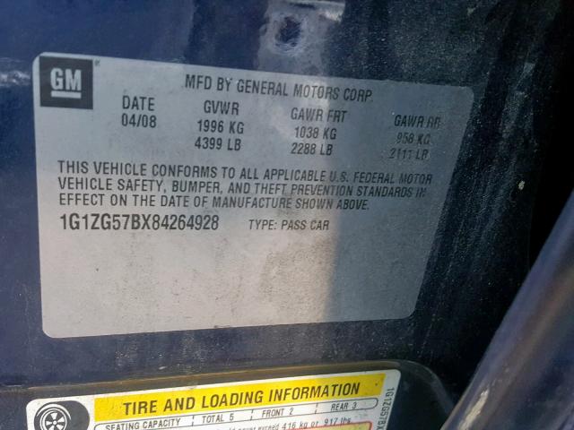 1G1ZG57BX84264928 - 2008 CHEVROLET MALIBU LS BLUE photo 10