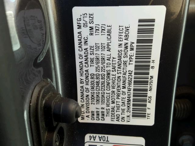 2HKRM4H74FH662342 - 2015 HONDA CR-V EXL SILVER photo 10