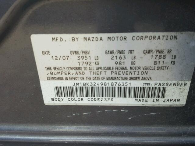 JM1BK324981876351 - 2008 MAZDA 3 S GRAY photo 10