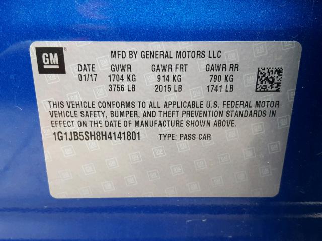 1G1JB5SH8H4141801 - 2017 CHEVROLET SONIC LS 蓝色 照片 10