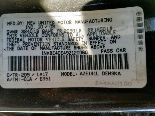 1NXBE40E49Z120060 - 2009 TOYOTA COROLLA XR BLACK photo 10