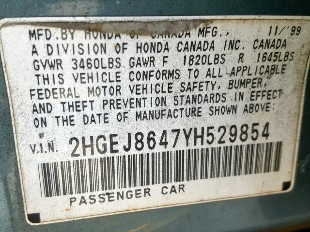 2HGEJ8647YH529854 - 2000 HONDA CIVIC EX GREEN photo 10