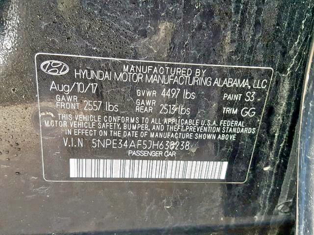 5NPE34AF5JH638238 - 2018 HYUNDAI SONATA SPO BLACK photo 10