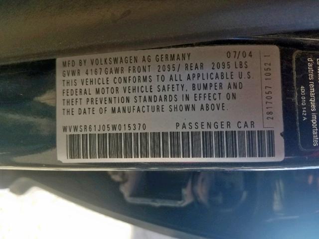 WVWSR61J05W015370 - 2005 VOLKSWAGEN JETTA GLS BLUE photo 10