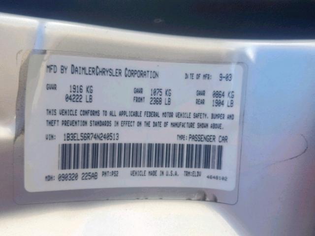 1B3EL56R74N240513 - 2004 DODGE STRATUS ES SILVER photo 10